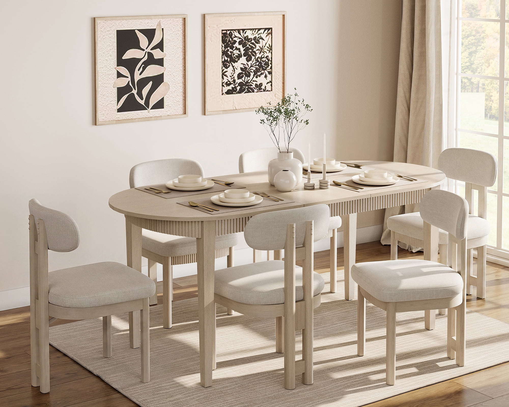 7 Piece Modern Dining Table Set, 73" Solid Wood Oval Dining Table with 6 Polyester Chairs, Dining Set with Fluted Apron for Kitchen & Dining Room