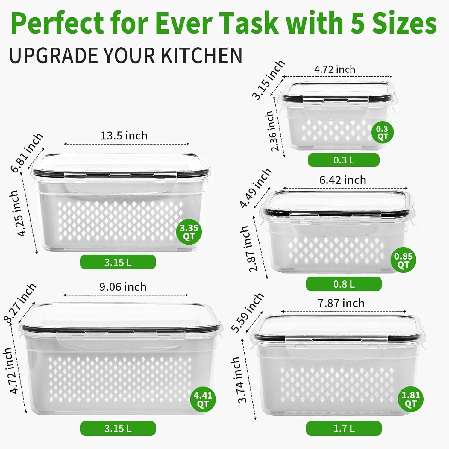 CLIQKWEN 5-Pack Large Fruit Storage Containers for Fridge with Removable Colander, 2 in 1 BPA-Free Produce Organizers to Keep Fruits Vegetables Berries Fresh Longer