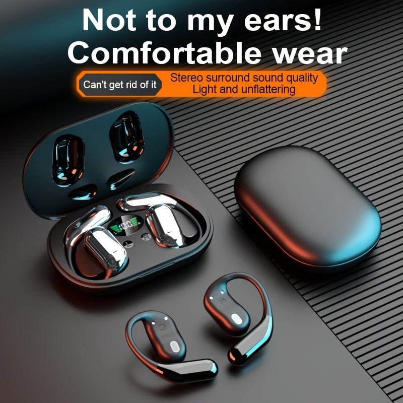 Famous Tech Shop Bone Conduction Bluetooth 5.4 Earbuds, Open-Ear, Black, LED Display, IPX5 Waterproof, 50-Hour Playtime