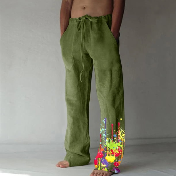 Pantalones largos de verano para hombre, de algodón y lino, con pierna ancha, estampados, con cordones, para deportes y vacaciones