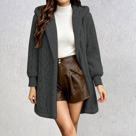 Women's Hooded Cardigan Jacket Long Loose Open Front Fleece Coat Fall Winter Cable Knit Causal Jacket, L