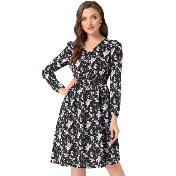 Vestido a media pierna con cuello en V y estampado floral con cintura fruncida Negros XS