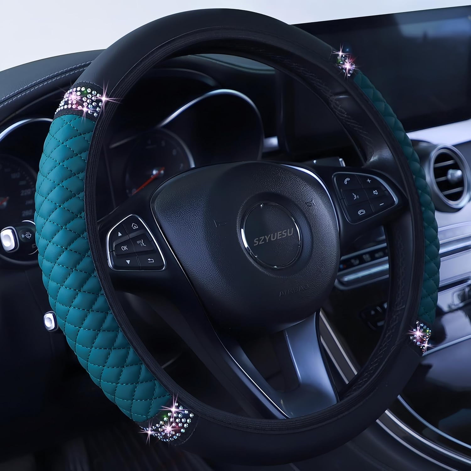 Bling Soft Leather Steering Wheel Cover 15 Inch with Sparkly Diamond Rhinestones for Women and Girls – Elastic Car Accessory for Most Cars (Green)