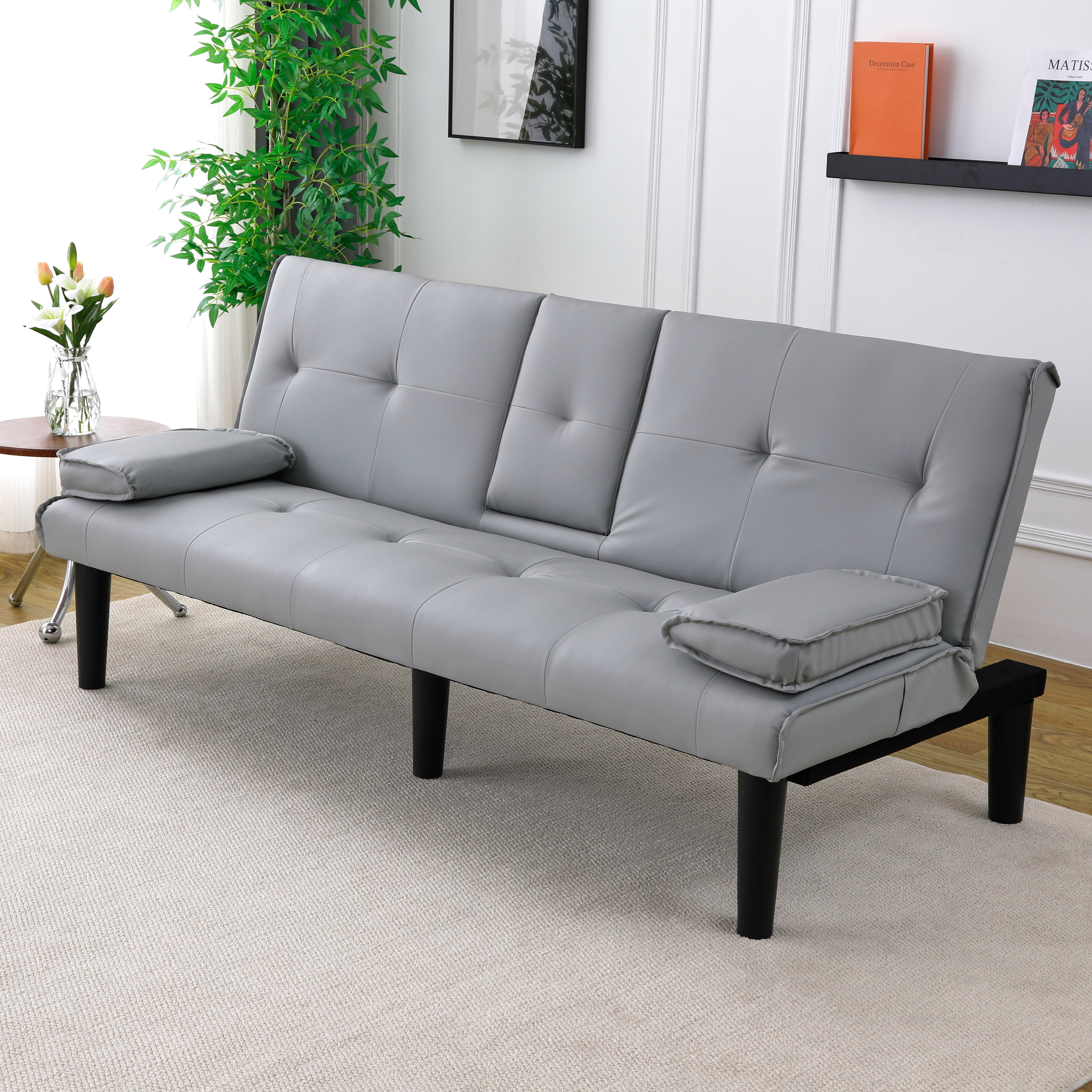 BSHTI 67-inch Foldable Futon Sleeper with S-Spring Support, 2-Seater Convertible Sofa Bed, PVC Faux Leather, Simple Assembly, Light Gray