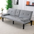 thumbnail image 3 of MIKIBAMA 67 Inch Light Gray PU Leather Modern Convertible Futon Sofa Bed Removable Armrests Built In Cup Holders Space Saving for Living Room, 3 of 7