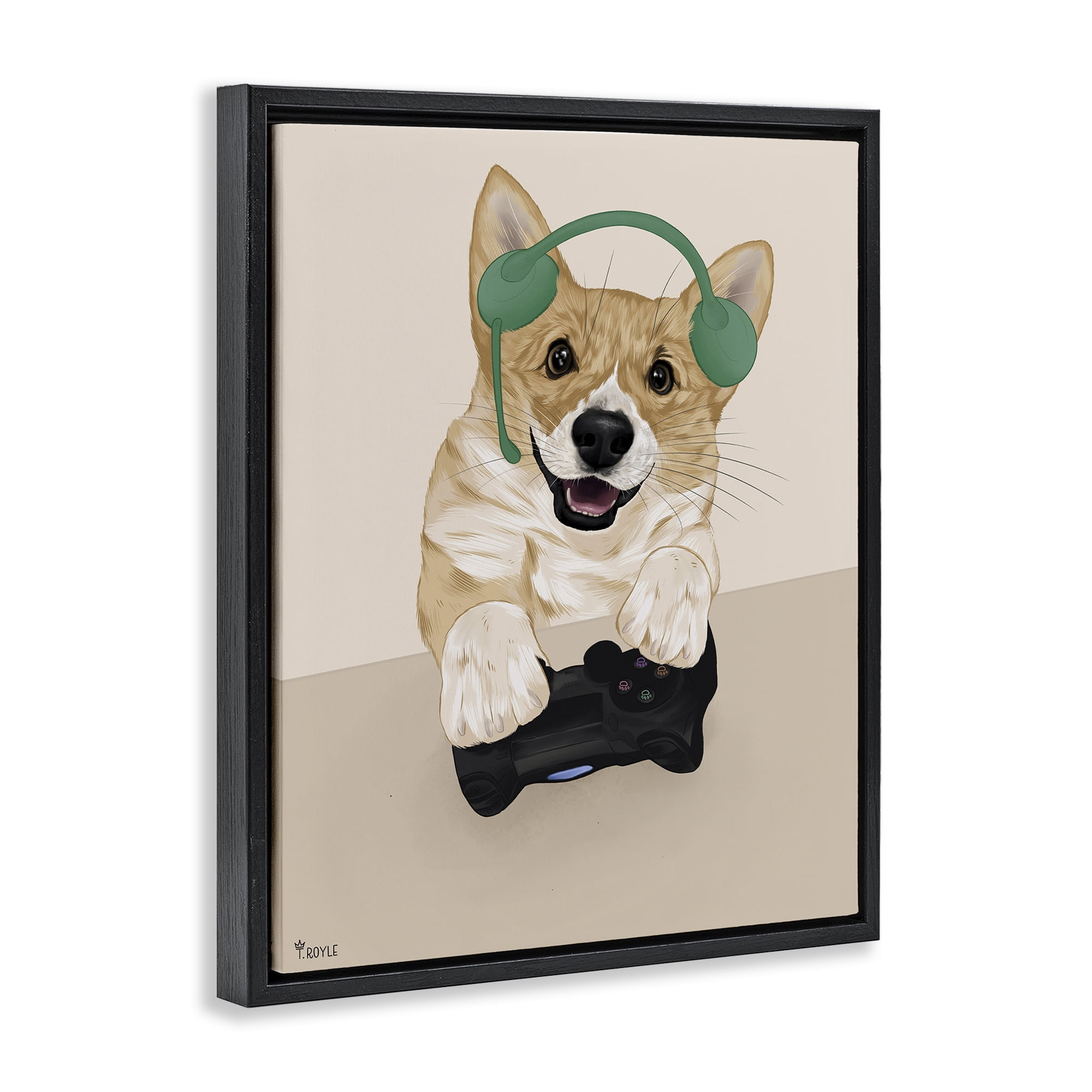 Stupell Industries Happy Gamer Dog Animals & Insects Painting Black Floater Framed Art Print Wall Art, 25 x 31