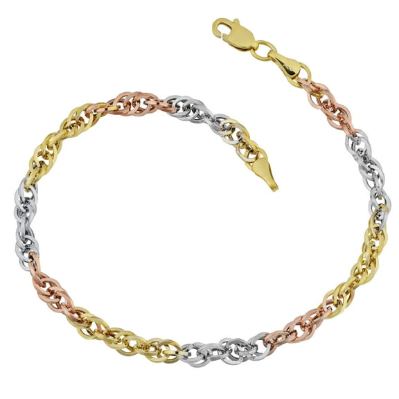 KoolJewelry 10k Tricolor Gold Double Cable Link Bracelet (3.8 mm, 7.25 inch)