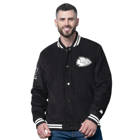 Men's Starter Black Kansas City Chiefs Blackout Corduroy Full-Snap Varsity Jacket
