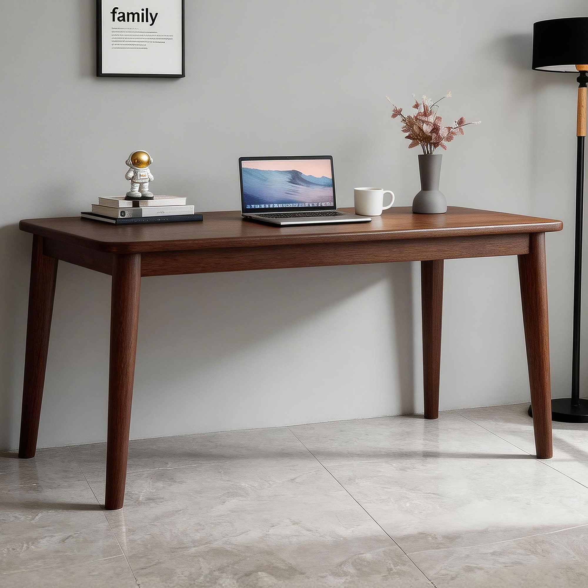 MAYEERTY Solid Rubberwood Writing Desk, Mid-Century Modern Computer Desk with Walnut Finish, for Small Spaces Bedroom Home Office Dorm Room