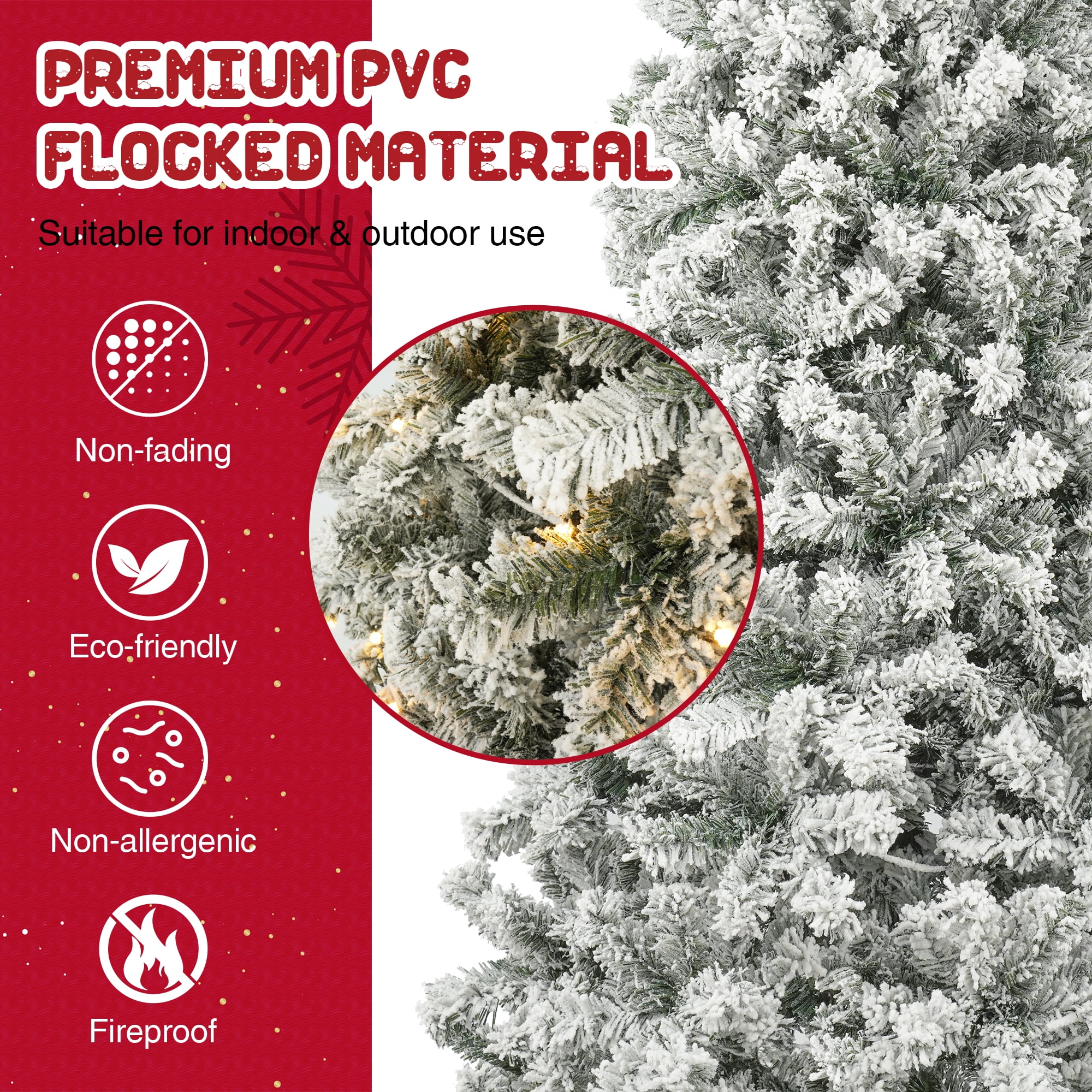 Posrue 6.5ft Pre-Lit Snow Flocked Slim Christmas Tree with 1000 Tips 250 Warm Lights, Hinged Artificial Holiday Xmas Pine Tree, White