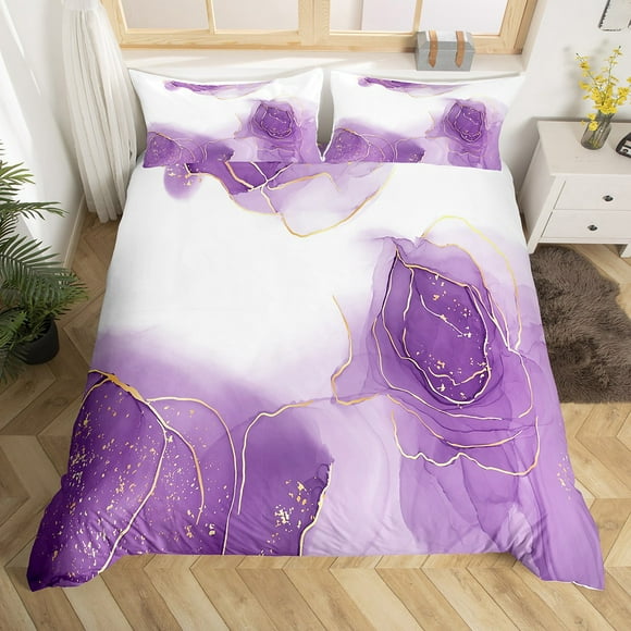 YST Romantic Rose Duvet Cover for Girls Adult,Purple White Ombre Bedding Set,Marble Comforter Cover King Size,Golden Metallic Marble Art Bed Sets with 2 Pillowcases Bedroom Decor