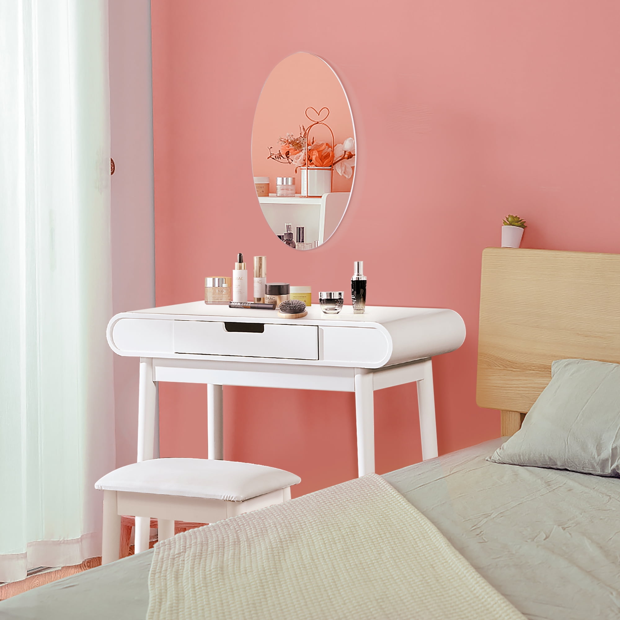 Spaco Oval Makeup Table with Mirror for Bedroom, High Gloss Finish Dressing Table with Solid Stool, White Spaco Oval Makeup Table with Mirror for Bedroom, High Gloss Finish Dressing Table with Solid Stool, White