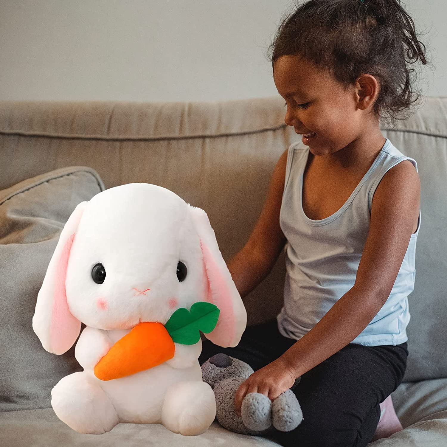 Soft Toy - Sitting Lop Eared Rabbit, Easter White Rabbit Stuffed Bunny Animal with Carrot Soft Lovely Realistic Long-Eared Standing Pink Plush Toys (White-Carrot,12.5in/32cm)