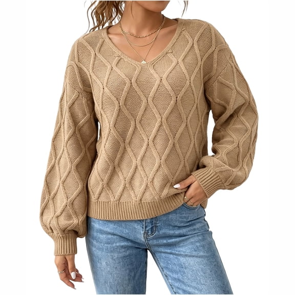 Lnmiateer Women V Neck Cable Knit Cropped Long Sleeve Sweater Casual Fashion Knitted Pullover Jumper Fall Daily Outdoor Street Wear