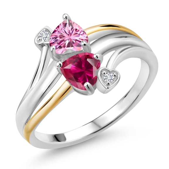 Gem Stone King 925 Silver and 10K Yellow Gold Ring Heart Shape Pink Moissanite and Created Ruby Red (1.12 Cttw, Size 7)