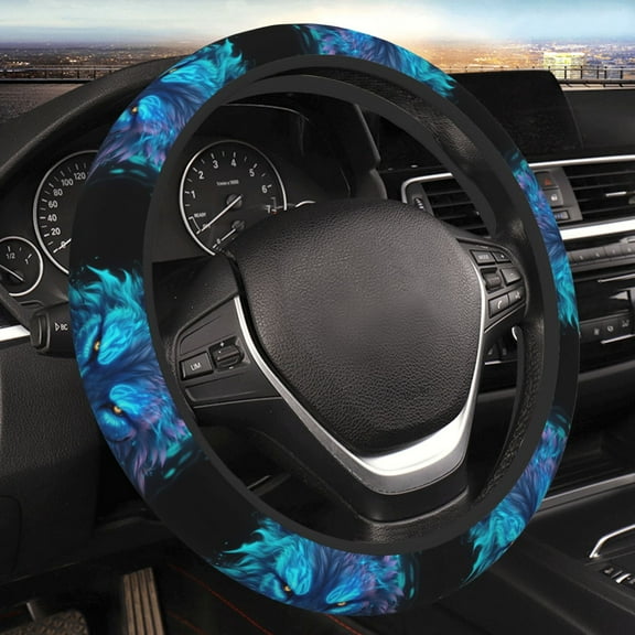JUNZAN Futuristic Blue Light Wolf Elastic Stretch Steering Wheel Cover Breathable,Anti-Slip,Fit Suvs,Vans,Sedans, Cars,Trucks,Universal Fit
