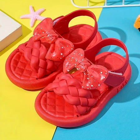 

ONDOGDOG Girls Trendy Bowknot Open-Toe Hook And Loop Sandals Non-Slip Princess Shoes Summer