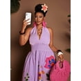 thumbnail image 6 of Plus Size Purple Floral Print Halter Deep V-Neck A-Line Maxi Dress, 6 of 6