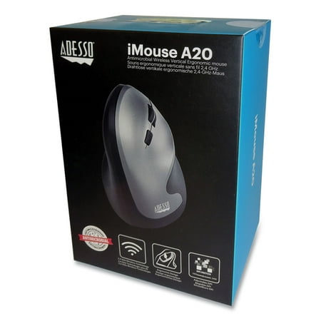 Adesso iMouse A20 Antimicrobial Vertical Wireless Mouse, 2.4 GHz Frequency/33 ft Wireless Range, Right Hand Use, Black/Granite -ADEA20