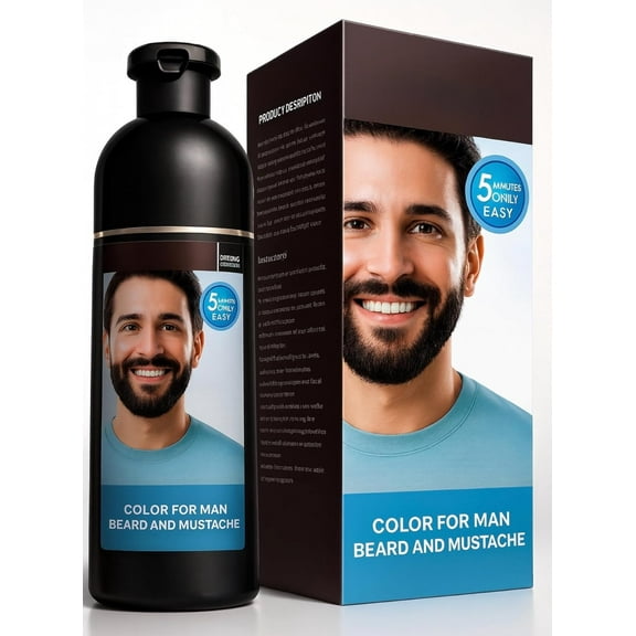 Black Hair Color Shampoo for Men's Mustache & Beard – Gel, Permanent, 5-Minute Color Dye, Long-Lasting, Suitable for Black Hair, 200ML