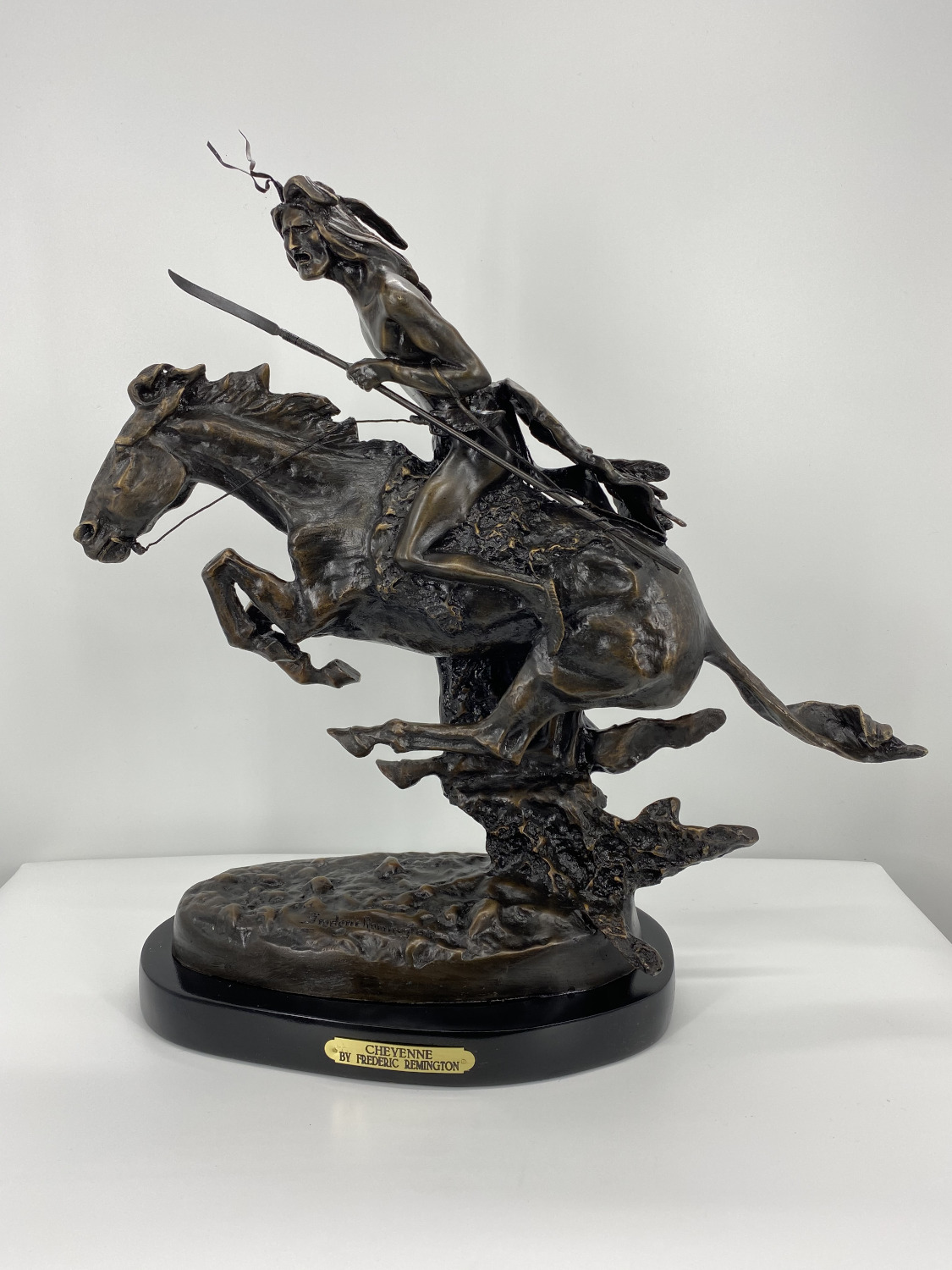 Frederic Remington Solid American Bronze Statue "Cheyenne" baby size 8"H x 8"L x 3.5"W - image 1 of 6
