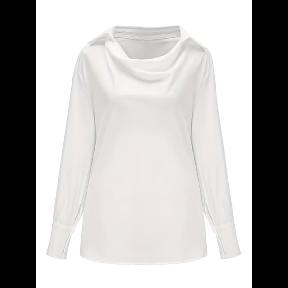 Blusa Elegante de Satén de Seda para Mujer, con Cuello Vuelto, Fruncido en la Parte Delantera, Drapeada, Larga, para Oficina y Trabajo. M