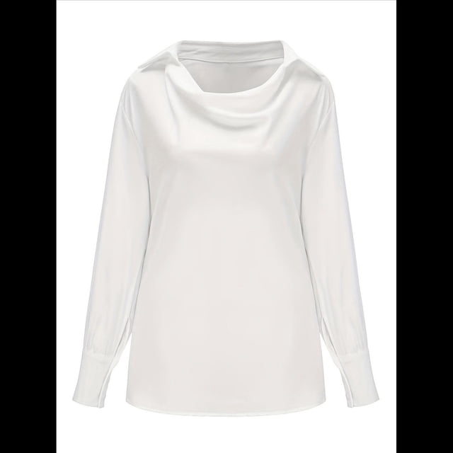 Blusa Elegante de Satén de Seda para Mujer, con Cuello Vuelto, Fruncido en la Parte Delantera, Drapeada, Larga, para Oficina y Trabajo. M