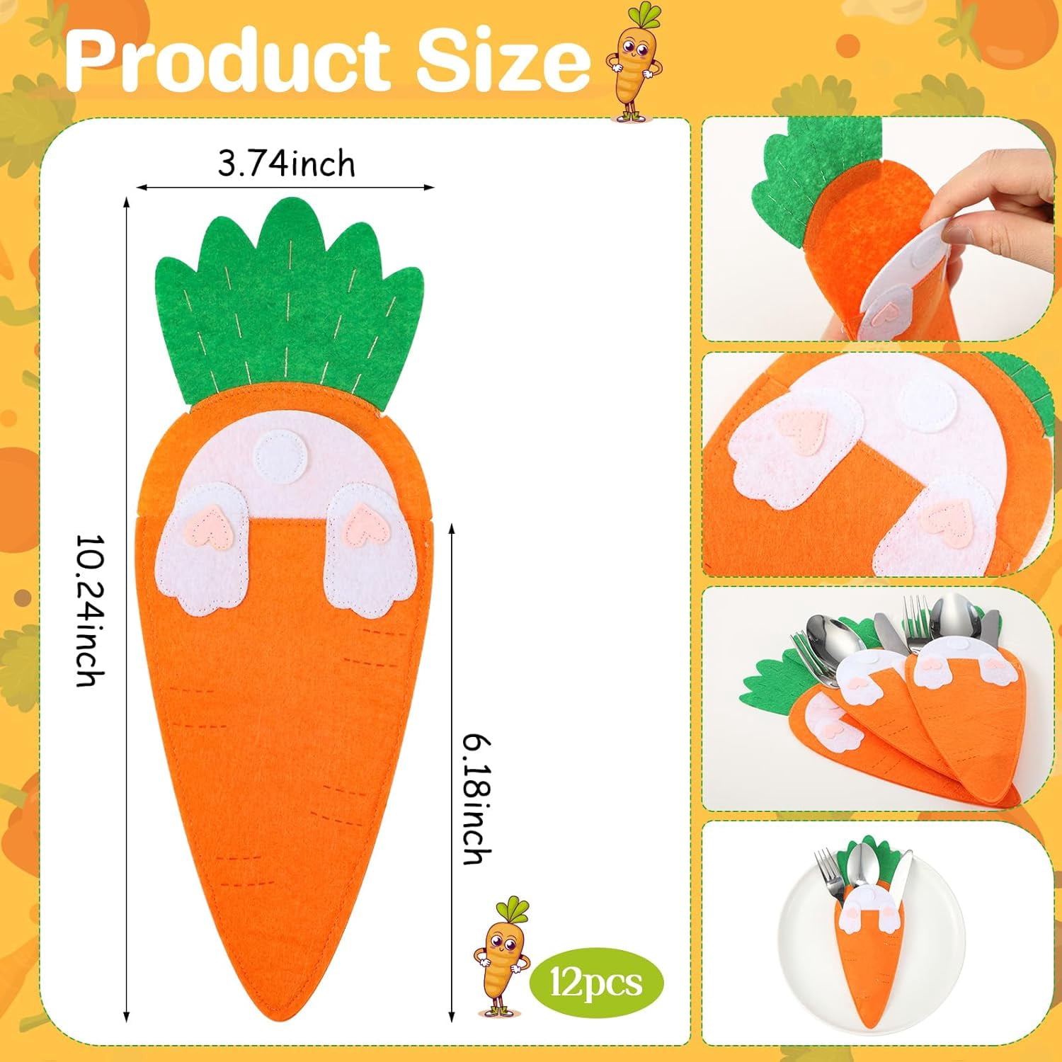12 Pcs Easter Carrot Utensil Cutlery Holders Bag Felt Bunny Fork Cutter Pouches Silverware Pocket Bag for Easter Home Spring Party Table Decoration Knife Forks Organizer