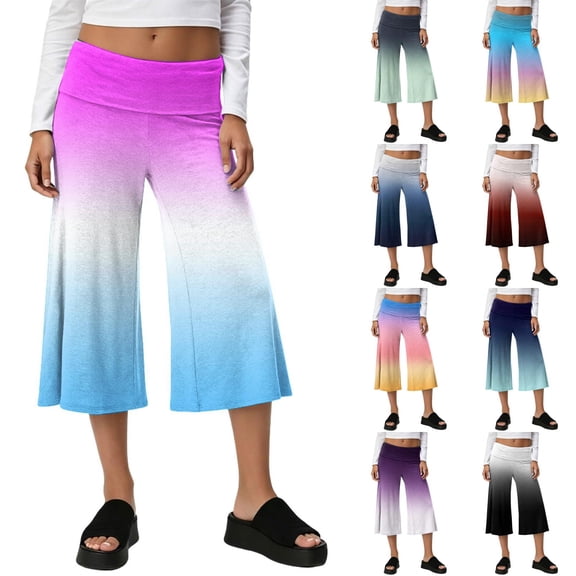 Womens Fold Over Capri Pants Y2K Low Rise Wide Leg Cropped Pants Workout Gradient Yoga Capris Leggings Lounge Bottoms Purple XL