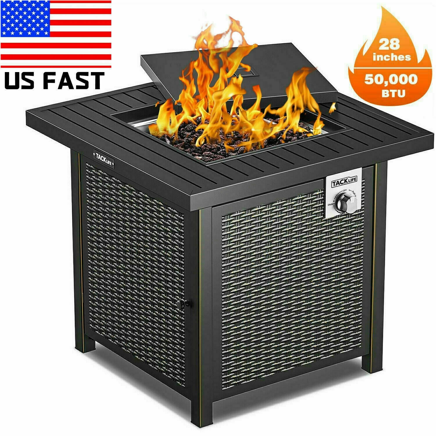 Outdoor Companion TACKLIEE Propane Fire Pit Table CSA Certification and Strong Striped Steel Surface Indoor Companion 28 Inch 50,000 BTU Auto-Ignition Gas Fire Pit Table with Cover 