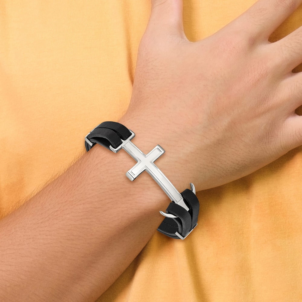Diamond2Deal Stainless Steel Polished Cross and Anchor Black Leather Bracelet for Men 8.25"