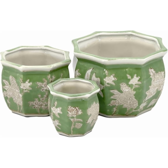 Galt International Green & White Floral Porcelain Ceramic Decorative Flower Pot 8"/6"/4.5" Garden Pots Chinese Asian Design - Set of 3 Green Fluted