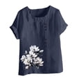 thumbnail image 4 of Lydiaunistar Women's Spring Tops Plus Size Casual Linen Round Neck Short Sleeve Printed Button Blouse Shirt Lightweight Comfy for Work Vacation Navy, 4 of 4