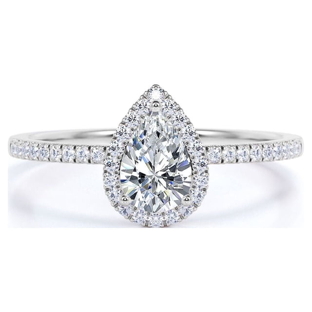 JeenMata Anillo de Compromiso con Halo de Diamantes en Forma de Pera Estilo Vintage en Oro Blanco de 10 K