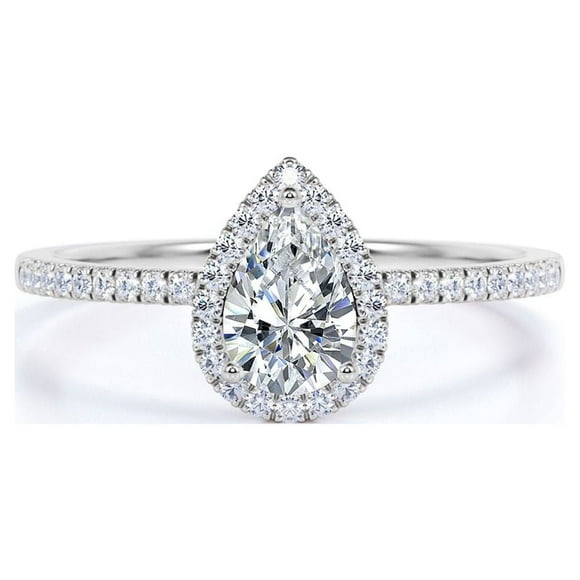 JeenMata Anillo de Compromiso con Halo de Diamantes en Forma de Pera Estilo Vintage en Oro Blanco de 10 K