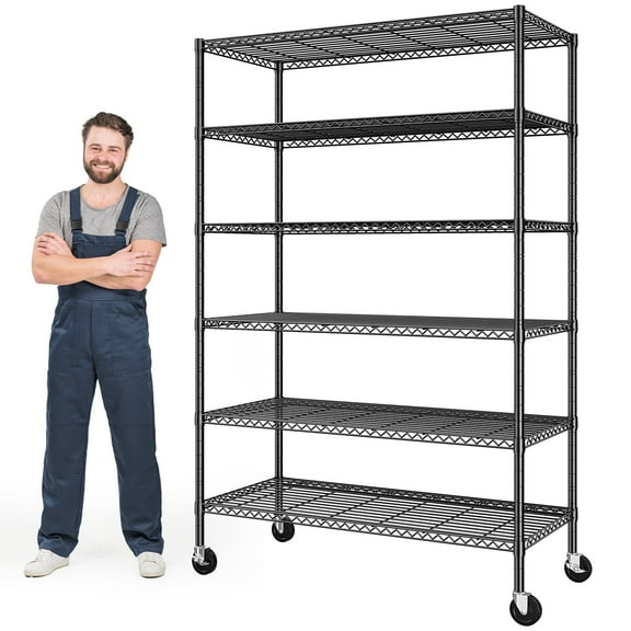 REIBII 6-Tier Wire Shelving Unit with Wheels, 82"H x 45"W x 18"D, 1200LBS Capacity,Adjustable Metal Storage Shelves for Garage,Kitchen,Pantry,Black