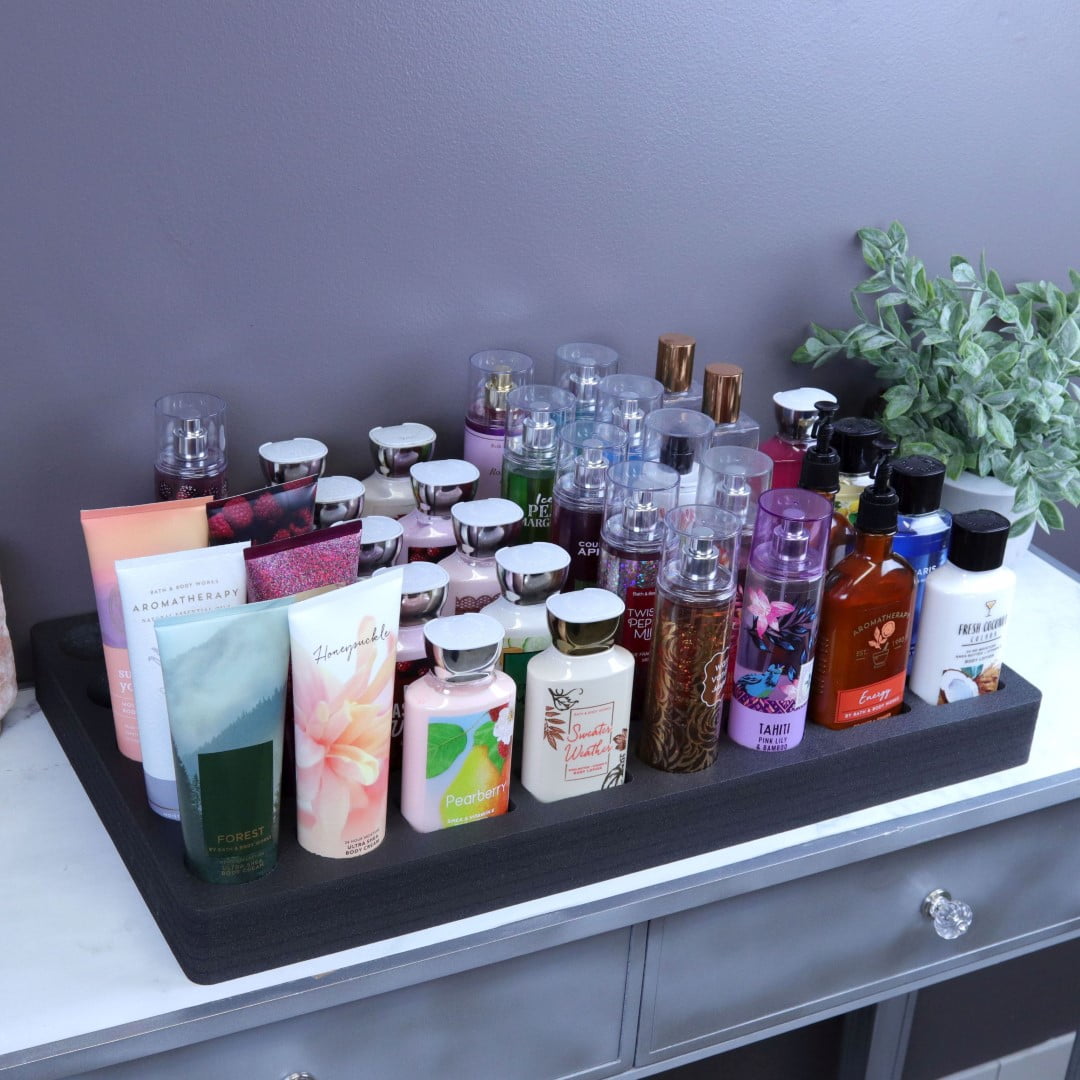 Polar Whale Lotion and Body Spray Stand Organizer Large Tray Washable Waterproof Insert for Home Bathroom Bedroom Office, Black, 23.25 x 13.5 x 2 Inches, 40 Slots