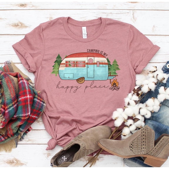 Camping Is My Happy Place T-shirt Traveler Gift Camper Top Nature Lover Trip Tshirt Summer Camp Vacation Tee