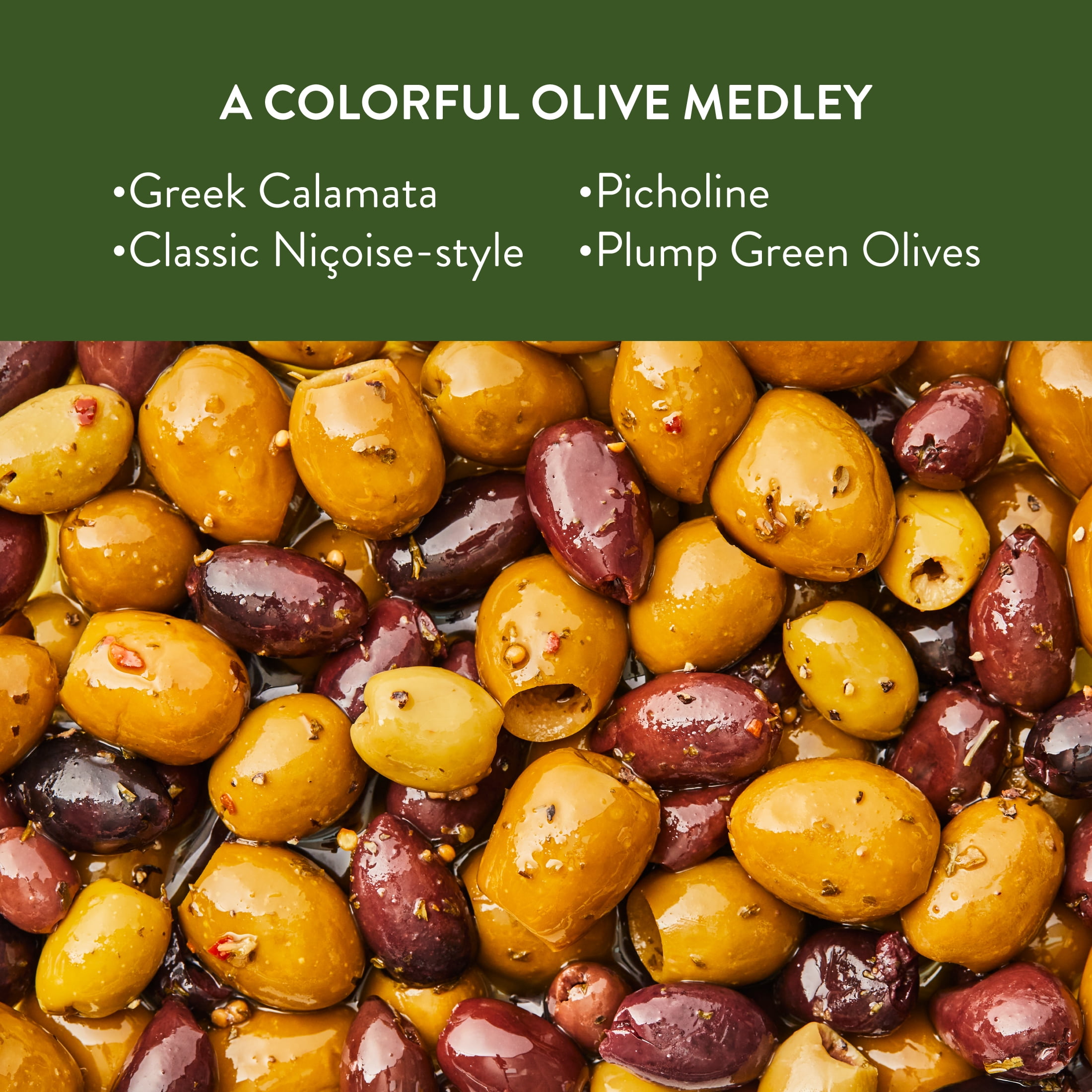 DeLallo Marinated Pitted Olives Jubilee, with Kalamata, Nicoise, Picholine, & Green Olives, 7 oz Container
