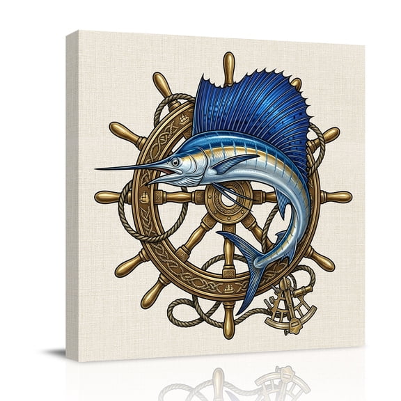 Canvas Wall Art, Coastal Nautical Framed Canvas Prints for Bedroom Office, Summer Ocean Anchor Blue Fish on Linen Large Gallery Wrapped Wall Decor for Home Office, Gifts, 16"x16" Ship Next Day