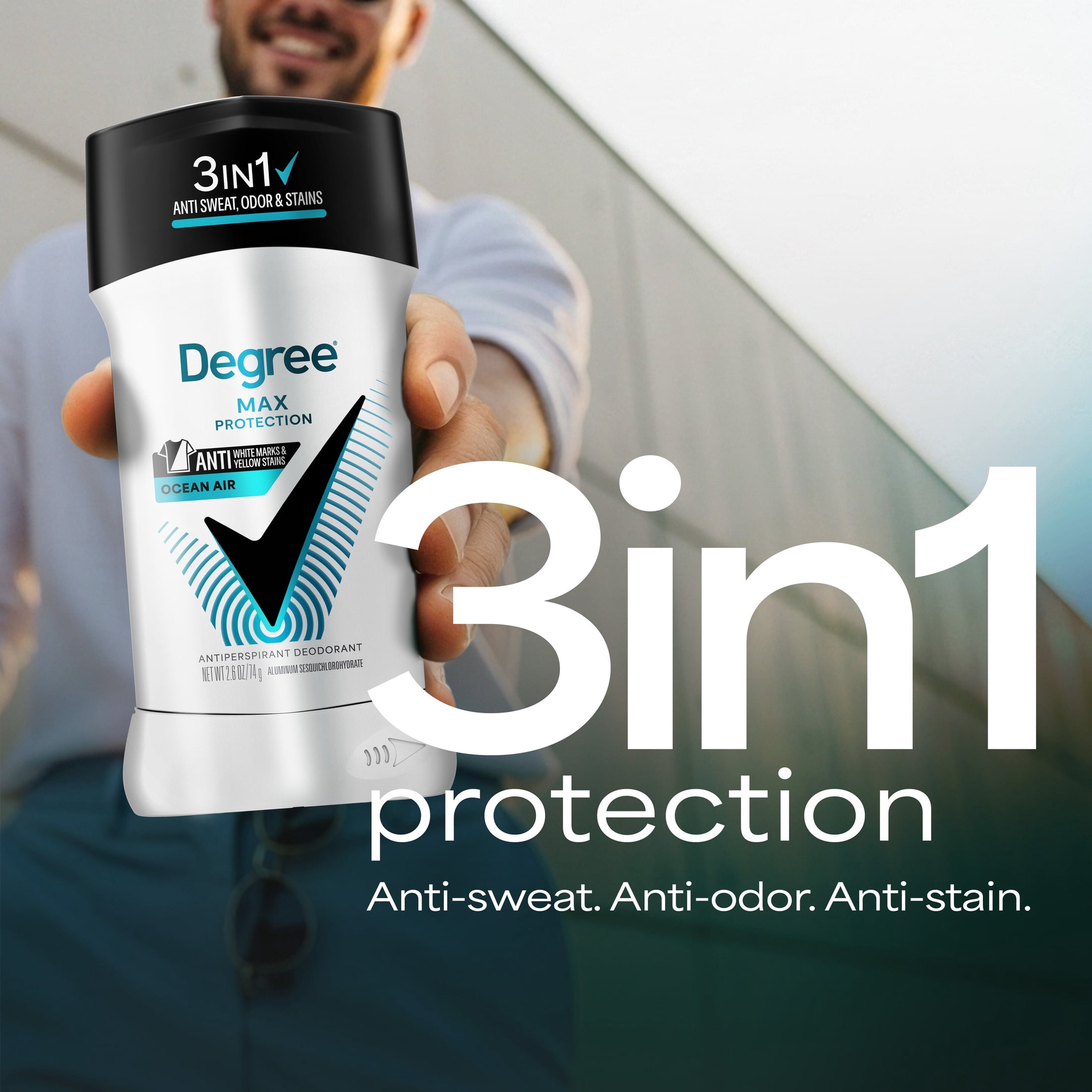 (4 pack) Degree Men 3in1 Max Protection Antiperspirant Deodorant Anti Sweat Odor and Stains Ocean Air 72-hour Protection, 2.6 oz