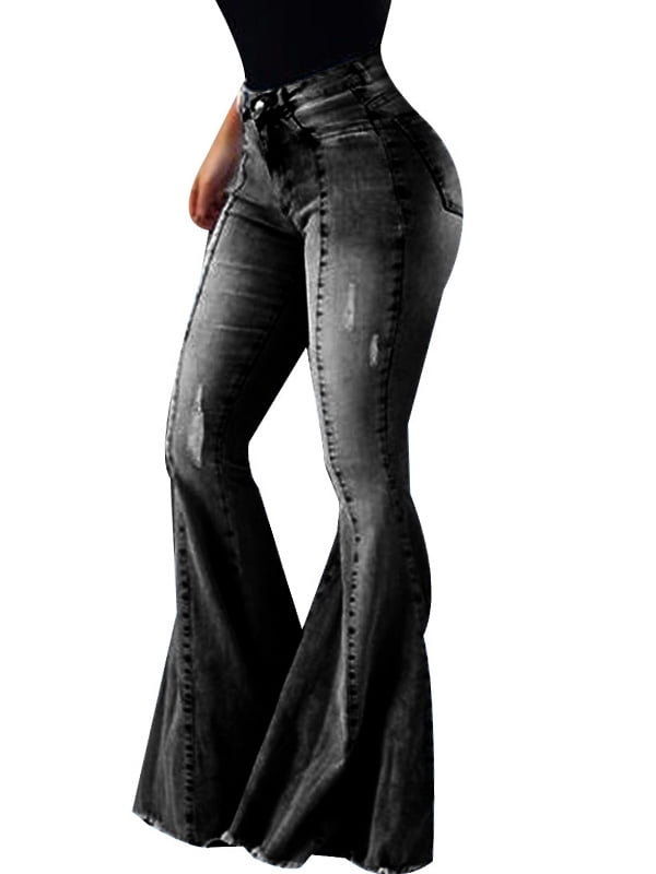 KDF Women's Black Bell Bottom Jeans for Women High Waisted Flare