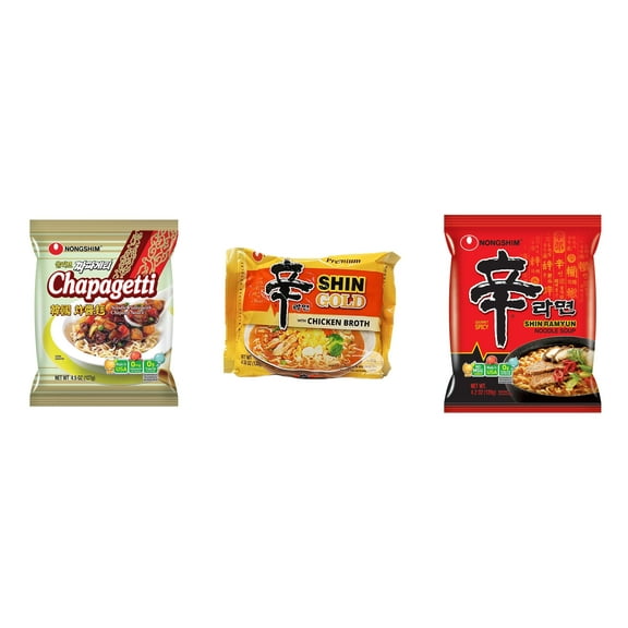 3 Pack Korean NongShim Gourmet Spicy Shin Instant Ramen Noodle, 3 Flavors(chapagetti,shin gold ,shin red) Plus NineChef Brand Long Handle Coffee Spoon