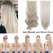 Benehair Clip in Hair Extensions Full Head Long Thick 8 Pieces Hair 18 Clips Curly Wavy Straight Hairpieces 100% Real Natural as Human Best Hair Set 24'' Curly Ash Blonde Mix Silver Grey