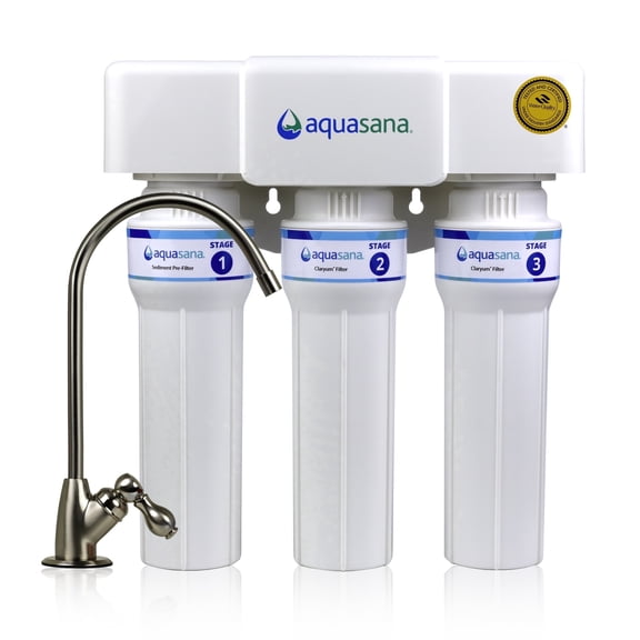 Aquasana Under Sink Water Filter | 3-Stage Max Flow Claryum Filtration | WQA Certified to Reduce PFAS, Lead & Chlorine | Under Counter Drinking Water Filter | Brushed Nickel Faucet | AQ-6300M-BN
