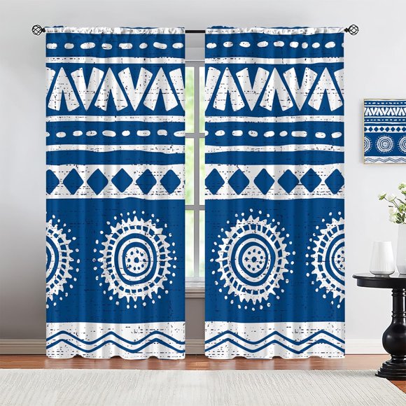 Room Darkening Window Curtains, White Totem Print Blackout Curtains, Ethnic Geometric Design Long Pleated Curtains Do Not Fade Pattern Clear Apply to Living Room Bedroom Kid Room-W42xL63in