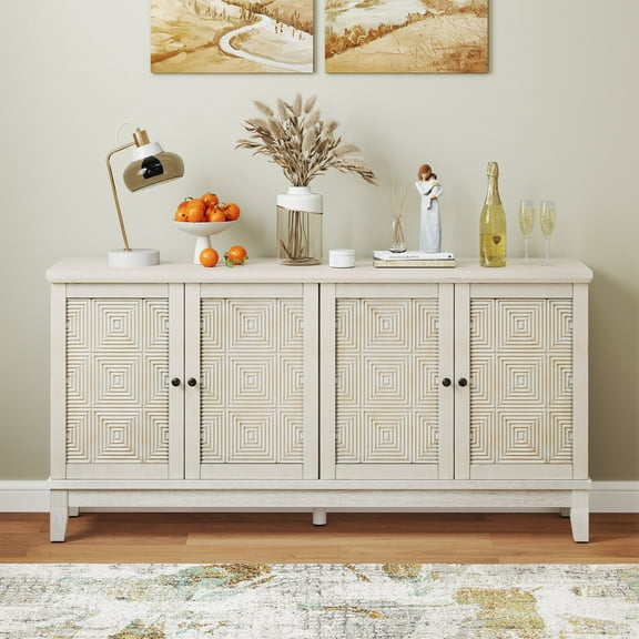 Bohemian Sideboard with Solid Wood Legs ,Buffet Cabinet with Painted Door Panel- Accent Cabinet for Dining Room, Living Room, or Hallway,White