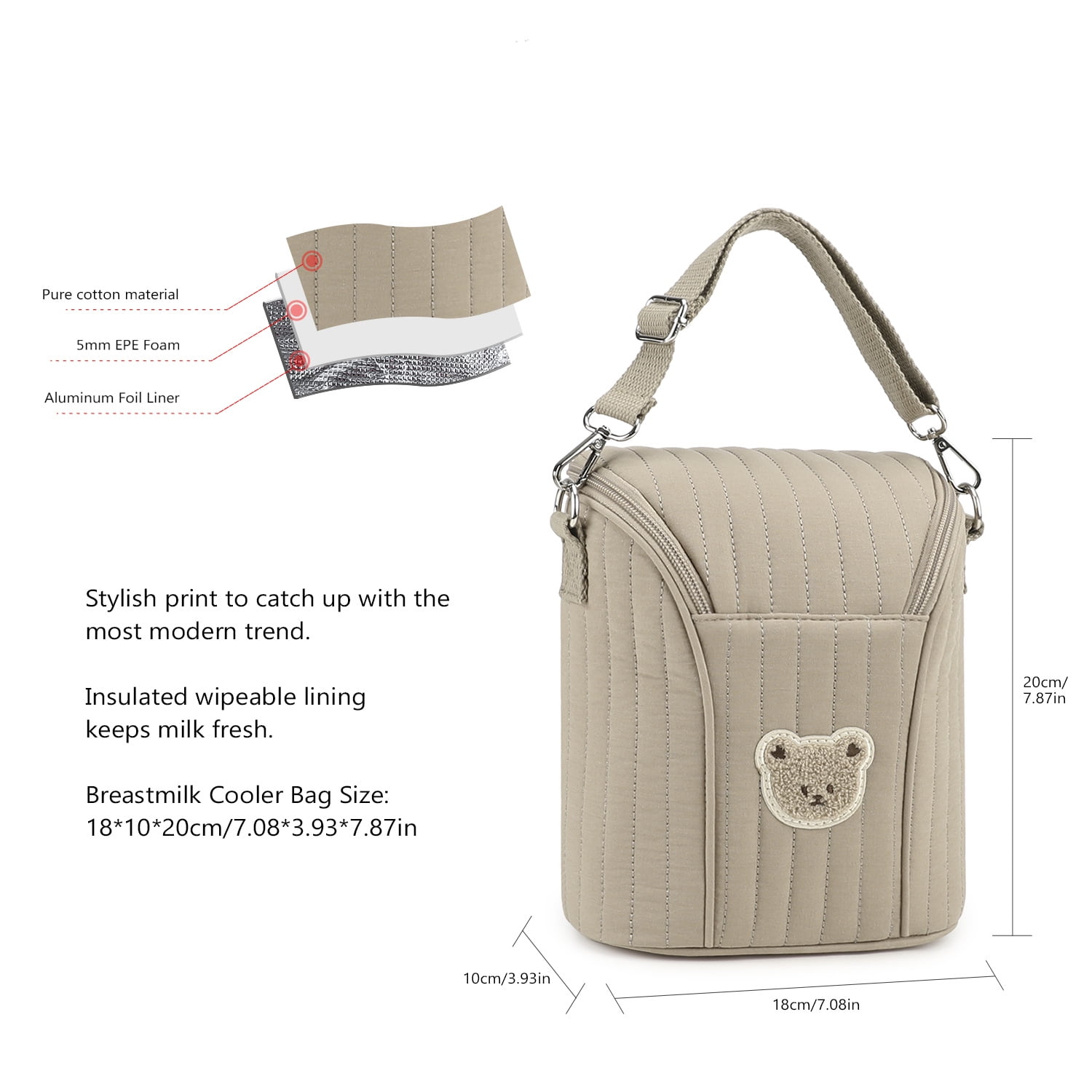 Baby Bottle Insulated Bag, Portable Breastmilk Cooler Bag with Aluminum Foil Liner, Fits 2×9 oz Bottles, Stroller-Attachable Canvas Milk Storage Bag with With detachable carrying handle for Mom Baby
