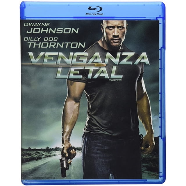 venganza letal faster dwayne johnson pelicula blu-ray Carátula frontal de Blu-ray con Dwayne Johnson en plano medio sosteniendo una pistola, camisa negra ajustada y título metálico grande "Venganza Letal (Faster)" sobre fondo de carretera y cielo nublado; audio en Español e Inglés y subtítulos en Español, Inglés, Coreano, Indonés y Mandarín. Sony.