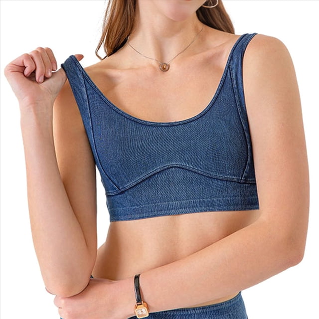 Chaleco Vaquero Ajustado y Corto para Mujer, Elástico, con Cuello Redondo, Tipo Jersey, Sujetador Deportivo, Camiseta Sin Mangas Azul Profundo S